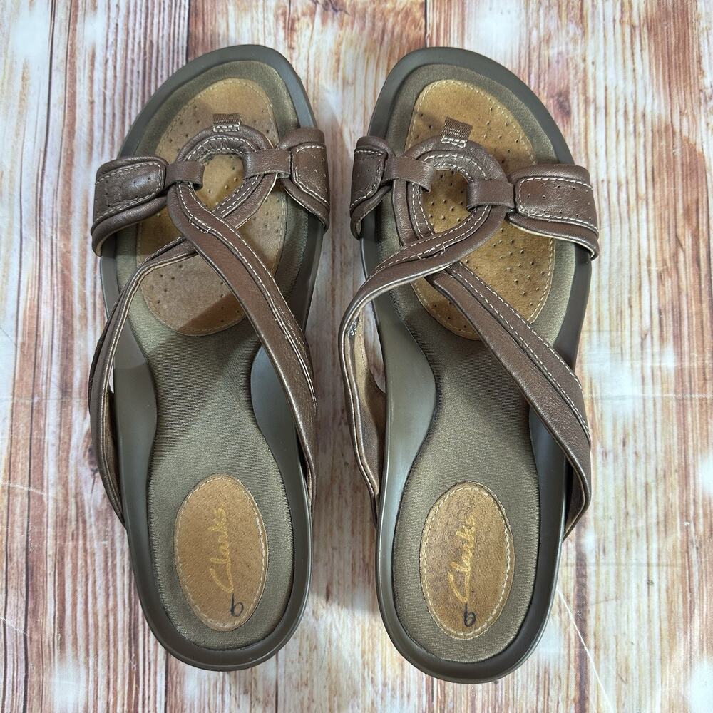 Clarks Sandals Sz 9 Bronze Leather Open Toe Slides Flip Flops Thong Flats Shoes - Picture 6 of 11